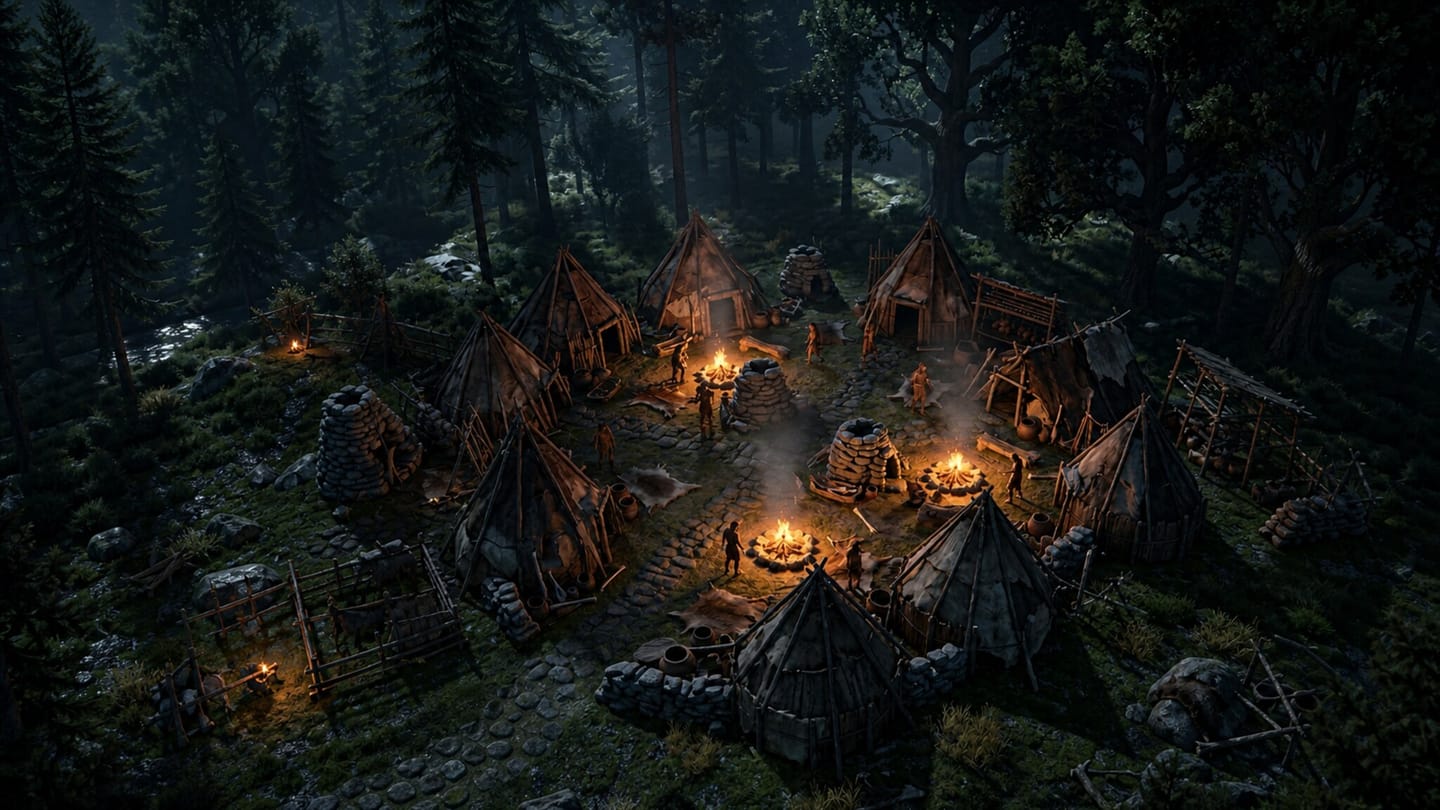 An aerial view of a stone-age settlement among the trees at night