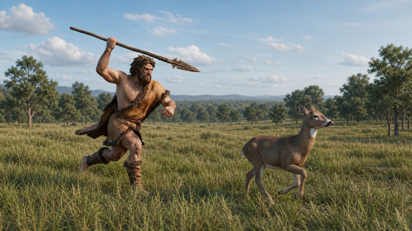 A hunter with a spear stalking a deer in tall grass
