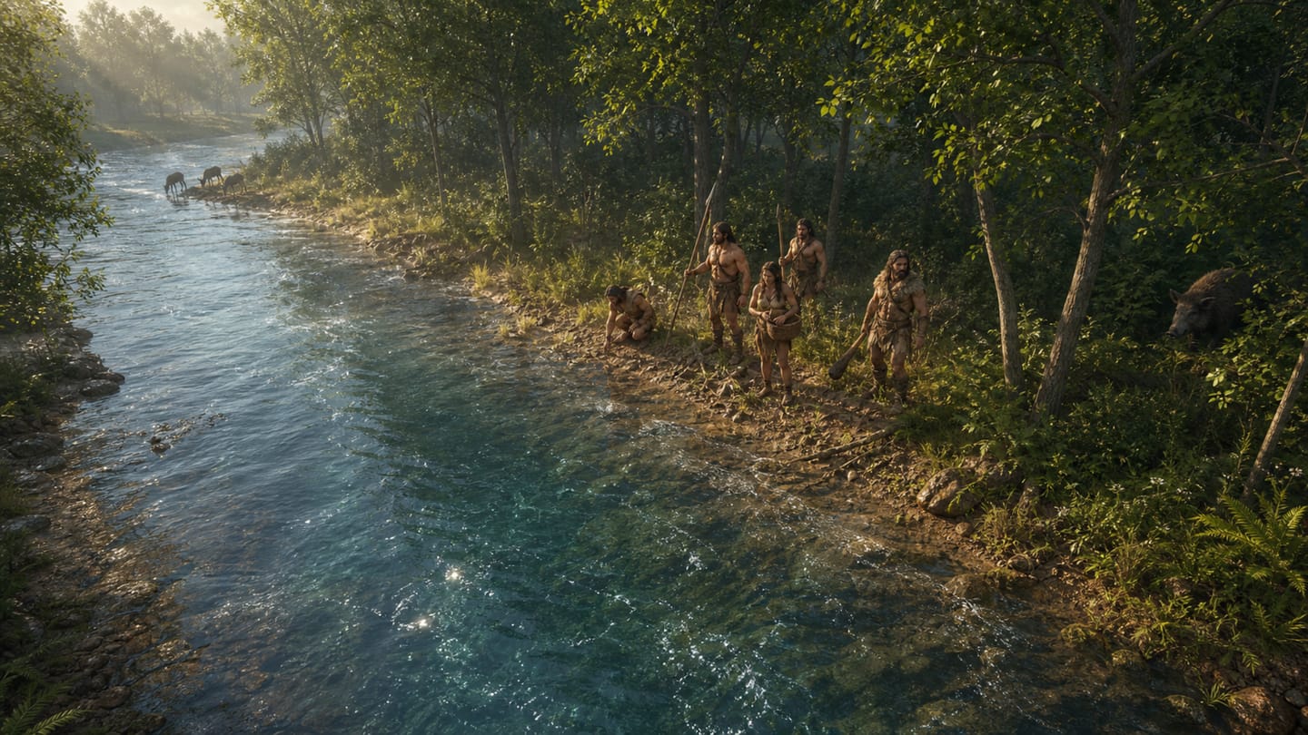 Tribespeople crossing a wild river during an expedition
