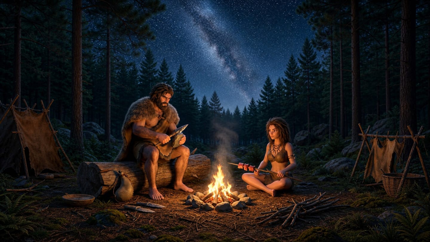 Two tribespeople crafting tools by a campfire under a starry sky