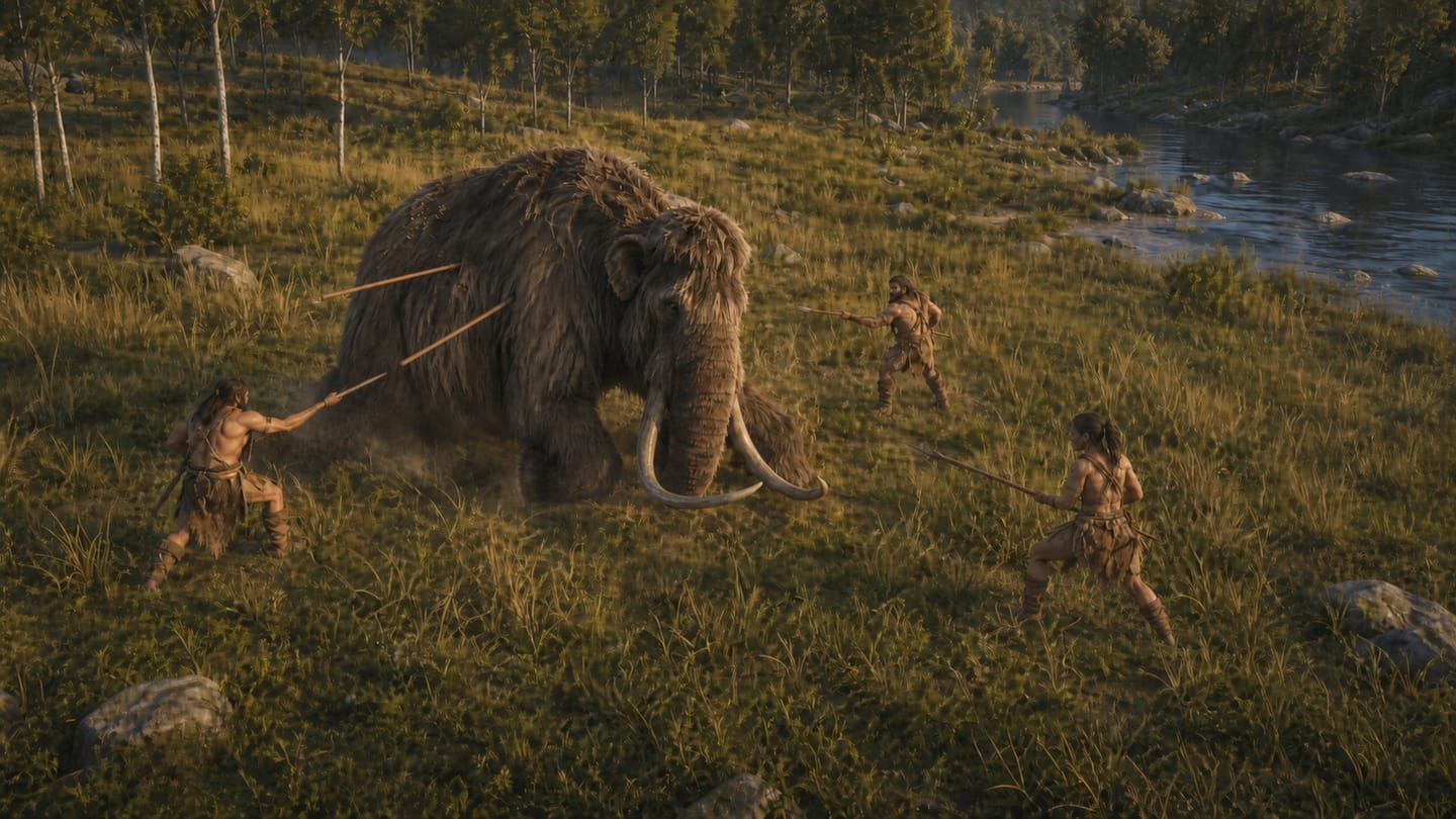 A mammoth hunt at dusk